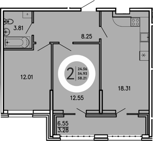 Планировка — Просторы Крыма, 2-комн., 55 м²