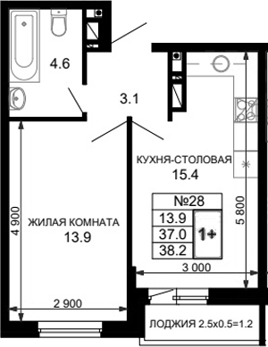 Планировка — Дыхание (АСК), 2-комн., 37 м²