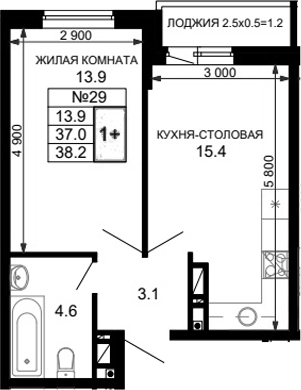 Планировка — Дыхание (АСК), 2-комн., 37 м²
