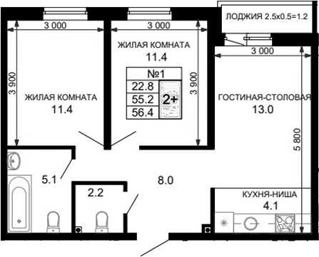 Планировка — Дыхание (АСК), 3-комн., 56 м²