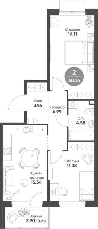 Планировка — Rauta, 2-комн., 58 м²