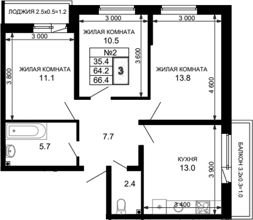 Планировка — Дыхание (АСК), 3-комн., 65 м²