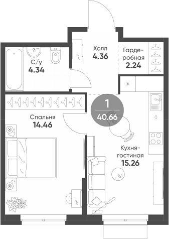 Планировка — Rauta, 1-комн., 41 м²
