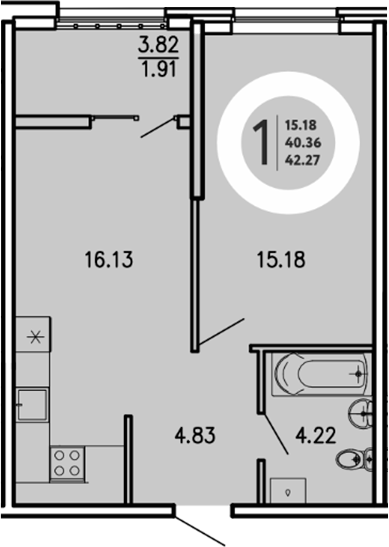 Планировка — Просторы Крыма, 1-комн., 40 м²