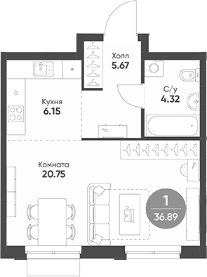 Планировка — Rauta, Студия, 37 м²