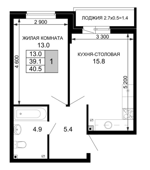 Планировка — Дыхание (АСК), 1-комн., 40 м²