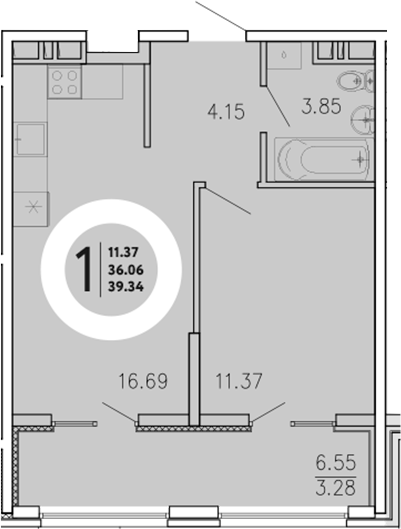 Планировка — Просторы Крыма, 1-комн., 36 м²
