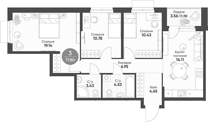 Планировка — Rauta, 3-комн., 76 м²