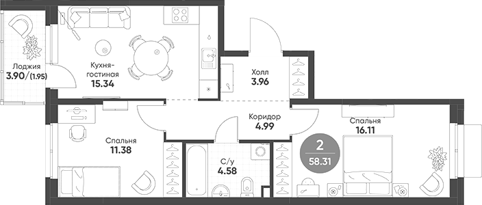 Планировка — Rauta, 2-комн., 56 м²