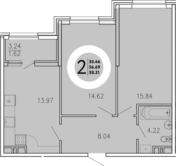 Планировка — Просторы Крыма, 2-комн., 57 м²