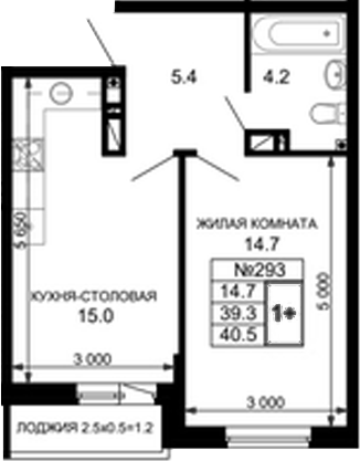 Планировка — Дыхание (АСК), 2-комн., 40 м²