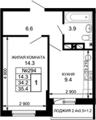 Планировка — Дыхание (АСК), 1-комн., 35 м²