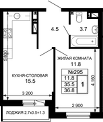 Планировка — Дыхание (АСК), 1-комн., 37 м²