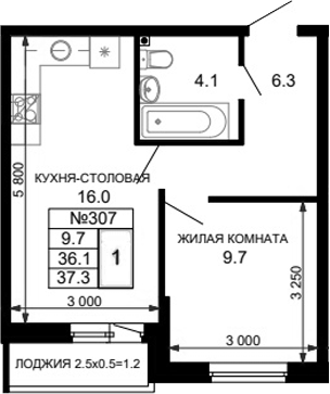 Планировка — Дыхание (АСК), 1-комн., 36 м²