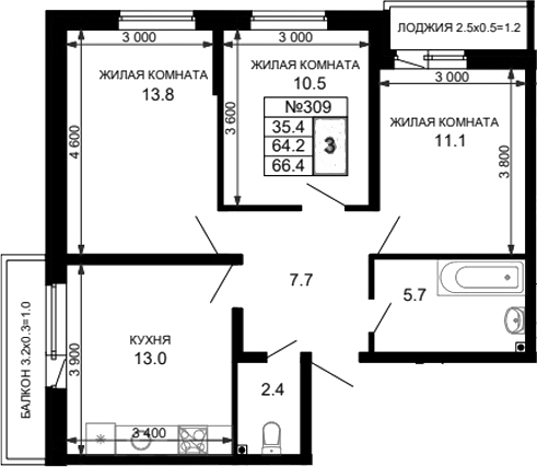 Планировка — Дыхание (АСК), 3-комн., 64 м²