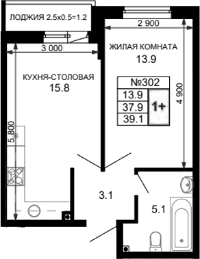 Планировка — Дыхание (АСК), 1-комн., 37 м²