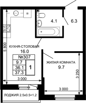 Планировка — Дыхание (АСК), 1-комн., 36 м²