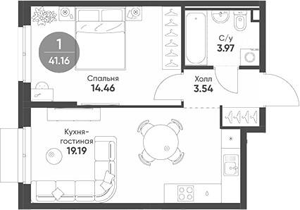 Планировка — Rauta, 1-комн., 41 м²