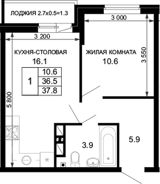 Планировка — Дыхание (АСК), 1-комн., 37 м²