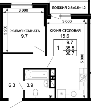 Планировка — Дыхание (АСК), 1-комн., 36 м²