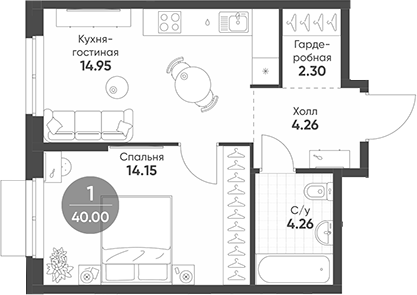 Планировка — Rauta, 1-комн., 40 м²