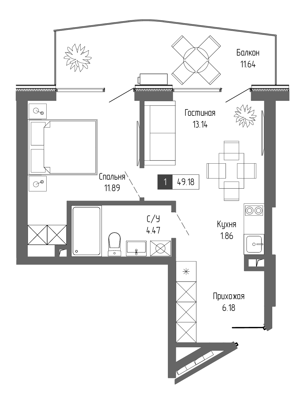 Планировка — Крымская Резиденция, 1-комн., 38 м²