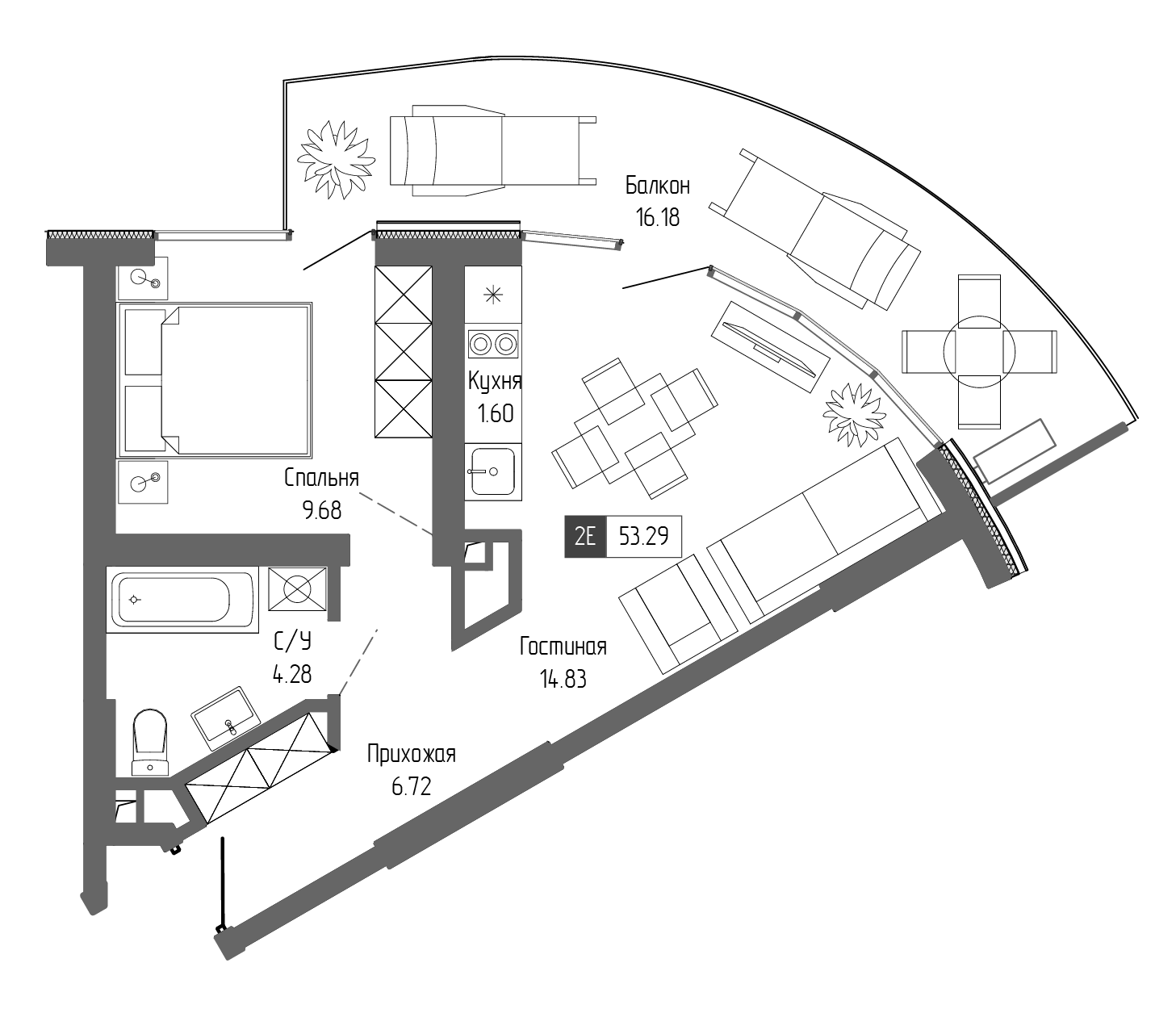Планировка — Крымская Резиденция, 2-комн., 37 м²