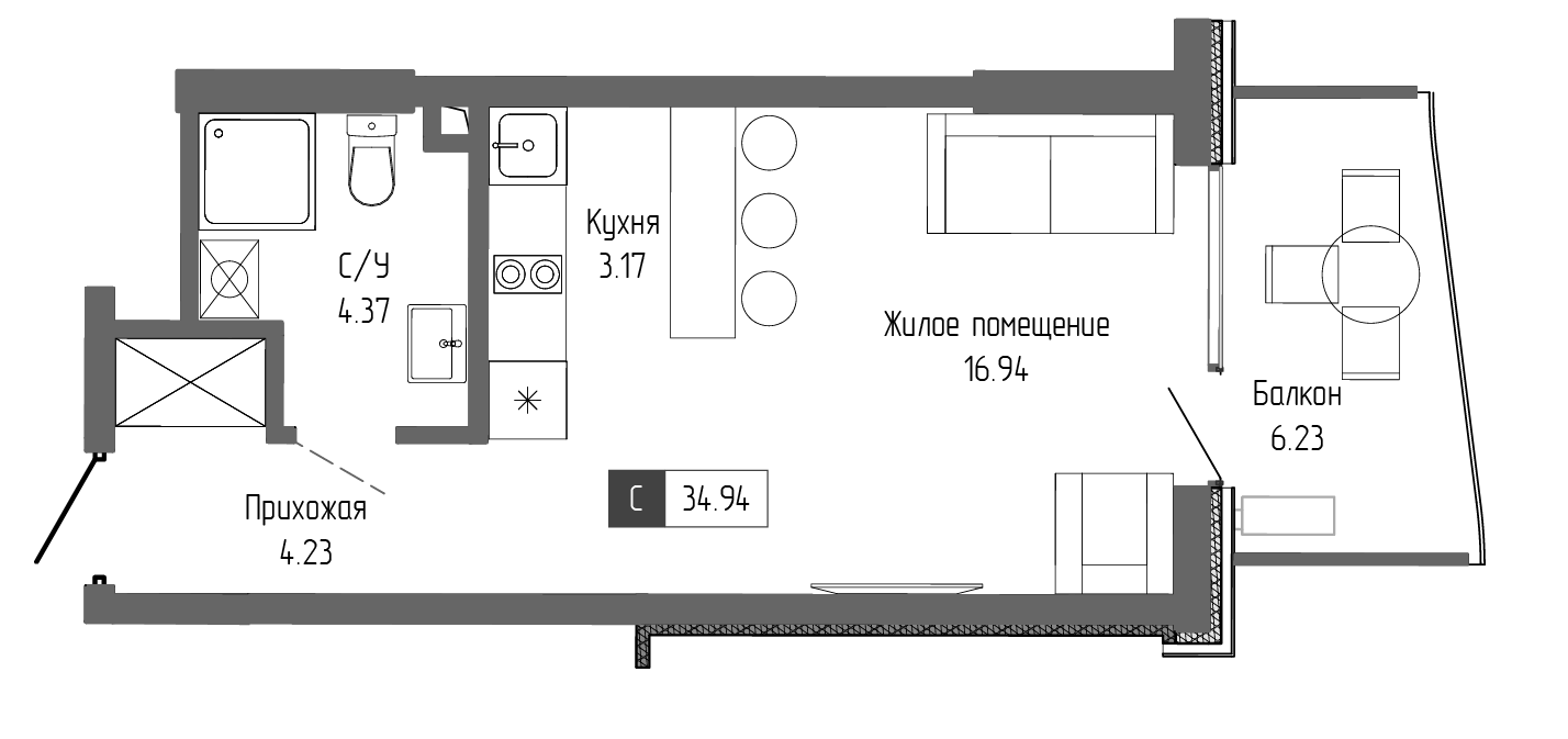 Планировка — Крымская Резиденция, Студия, 29 м²
