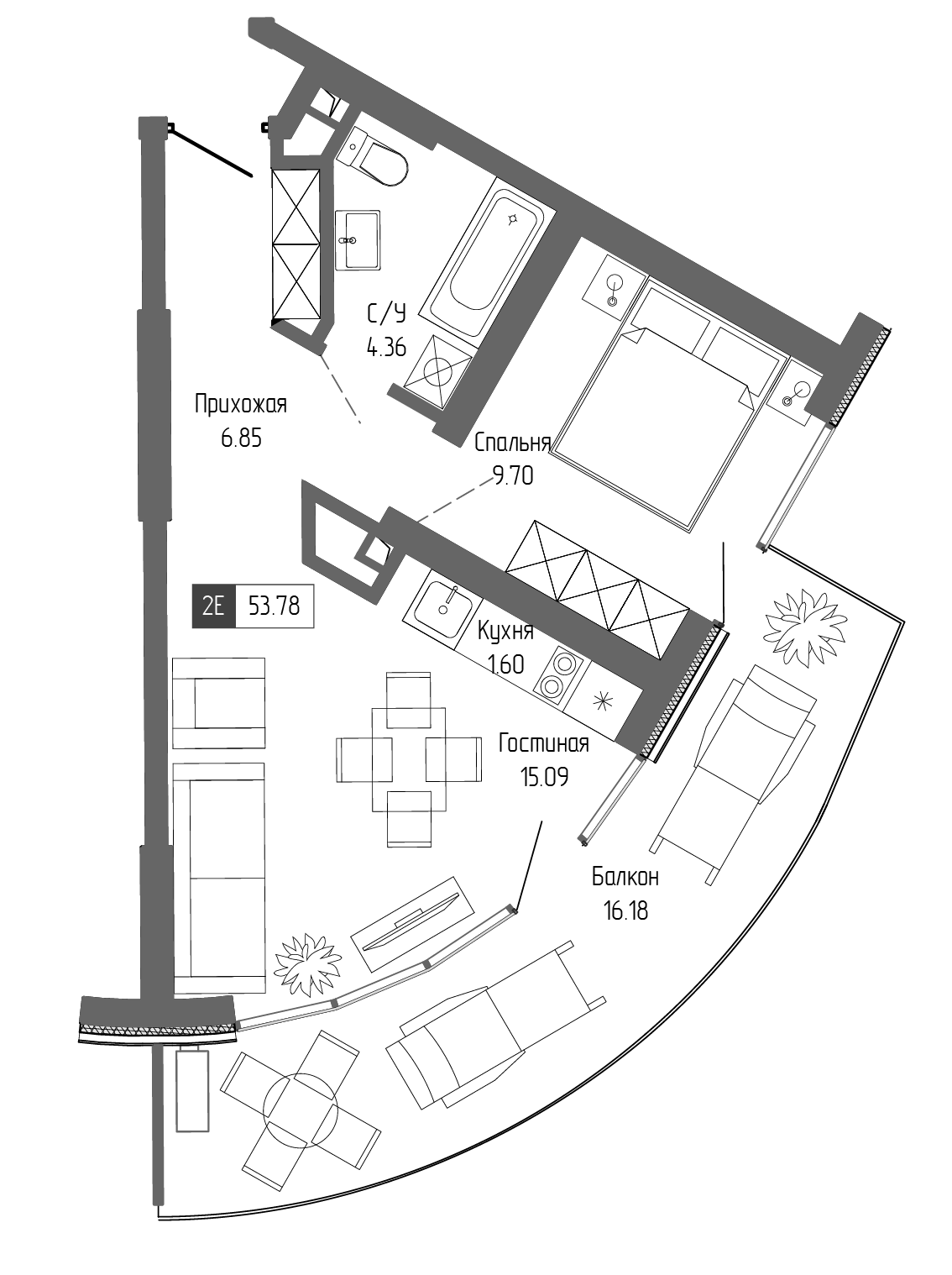 Планировка — Крымская Резиденция, 2-комн., 38 м²