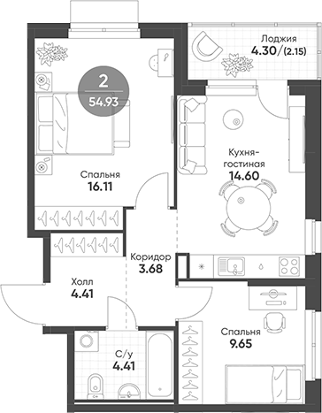 Планировка — Rauta, 2-комн., 53 м²