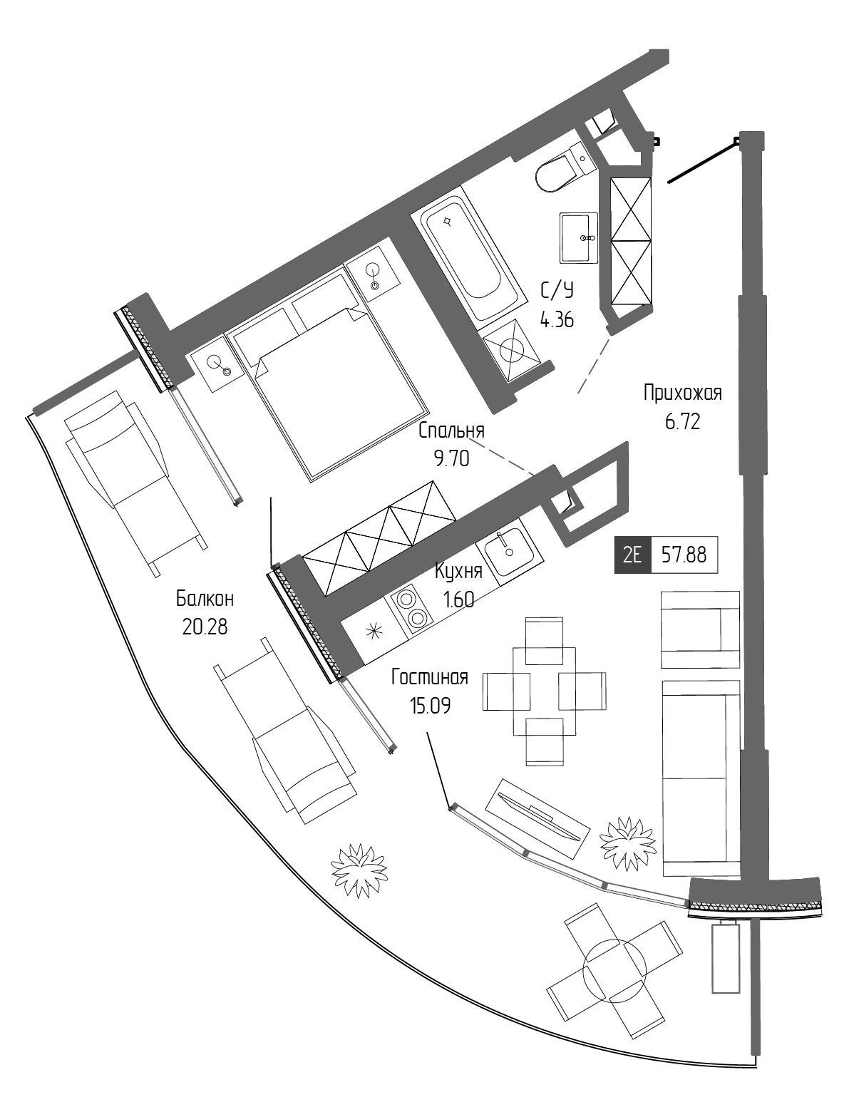 Планировка — Крымская Резиденция, 2-комн., 38 м²