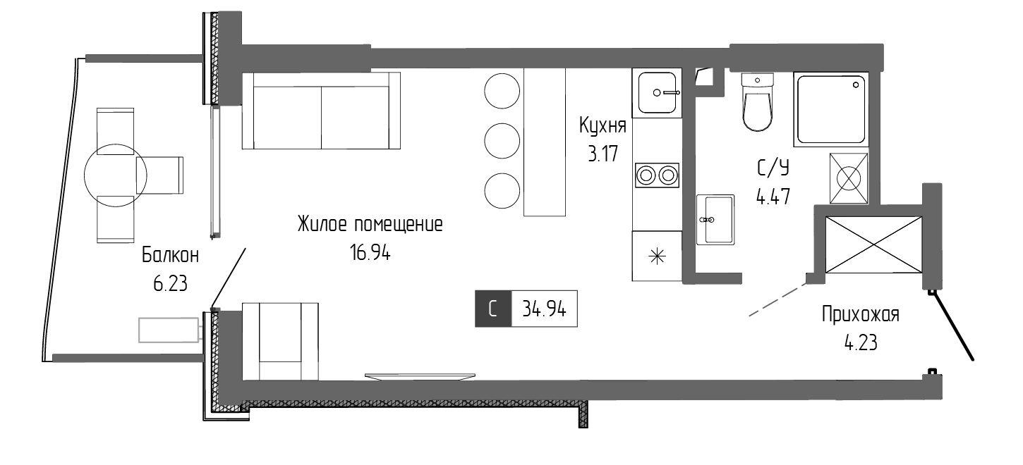 Планировка — Крымская Резиденция, Студия, 29 м²