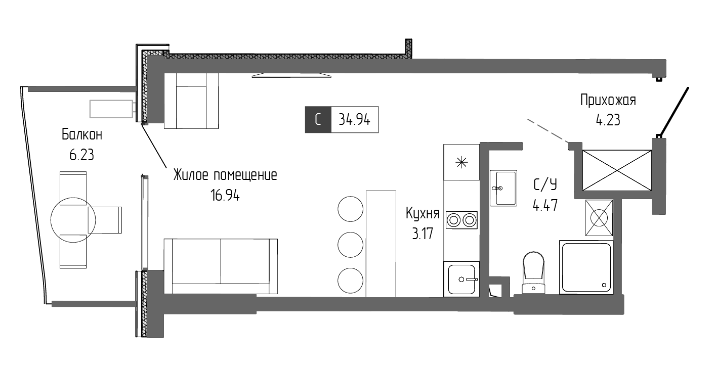 Планировка — Крымская Резиденция, Студия, 29 м²