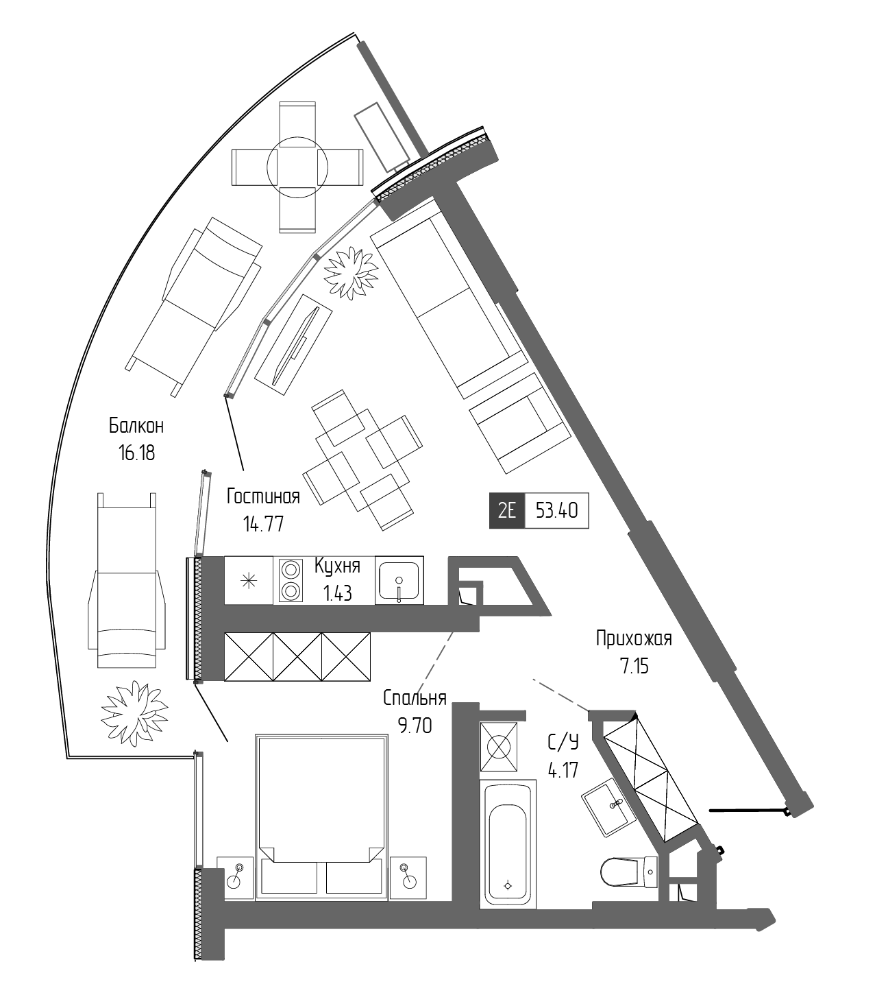 Планировка — Крымская Резиденция, 2-комн., 37 м²