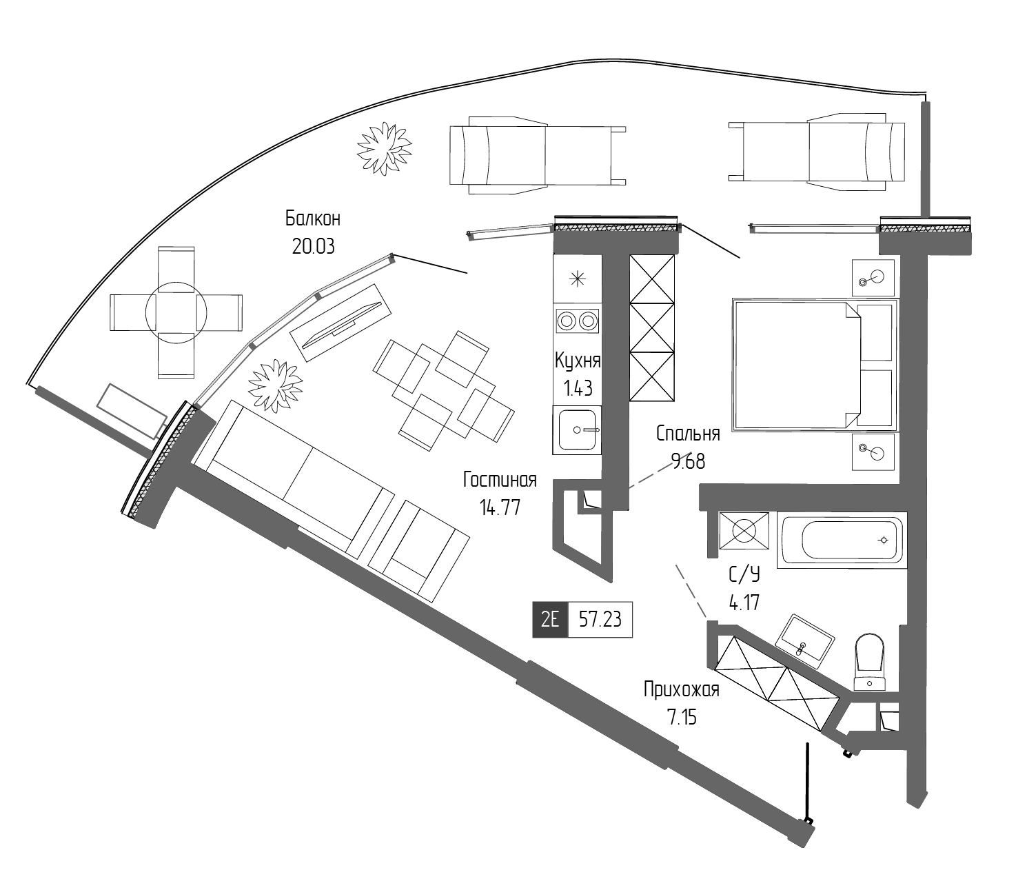 Планировка — Крымская Резиденция, 2-комн., 37 м²