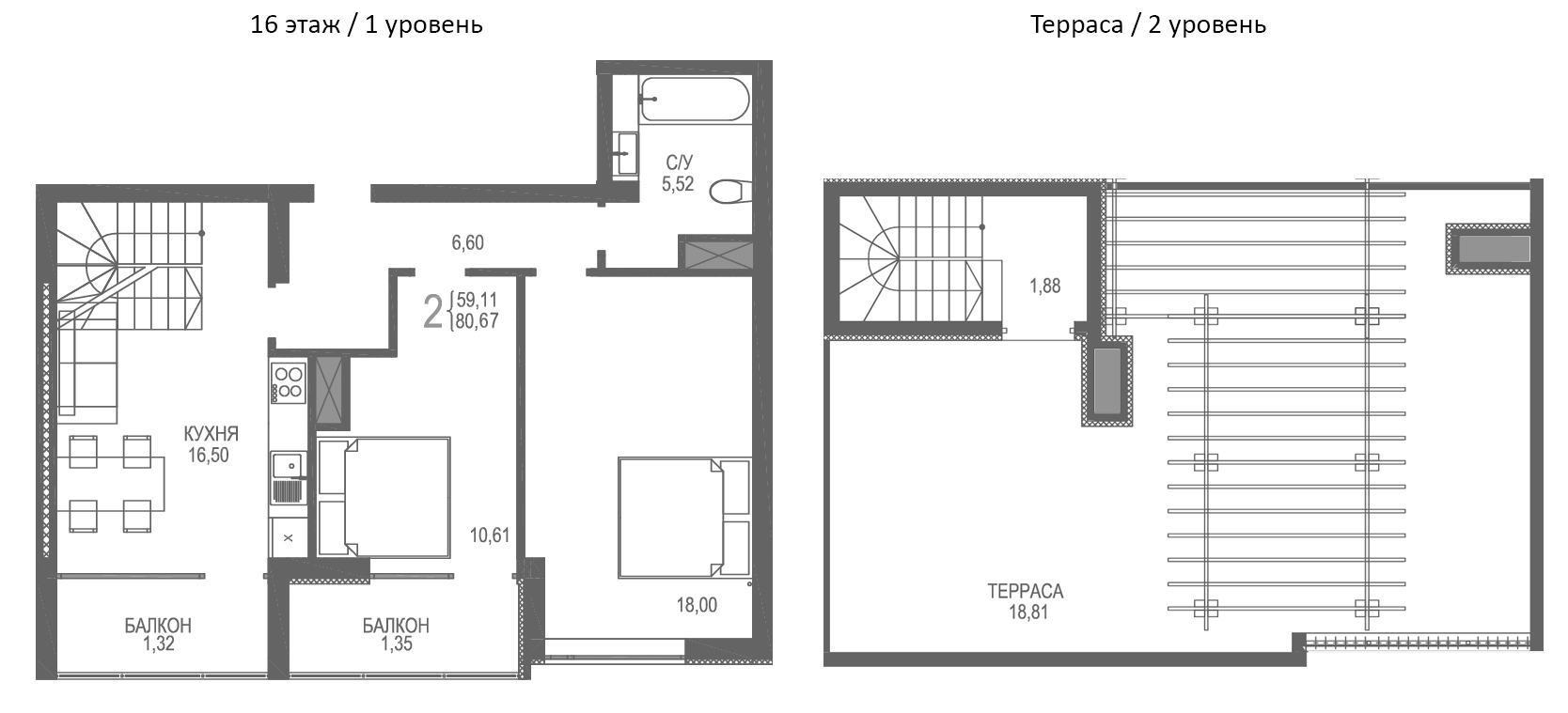 Планировка — Лучистое, 2-комн., 59 м²