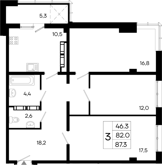 Планировка — Моне, 3-комн., 82 м²