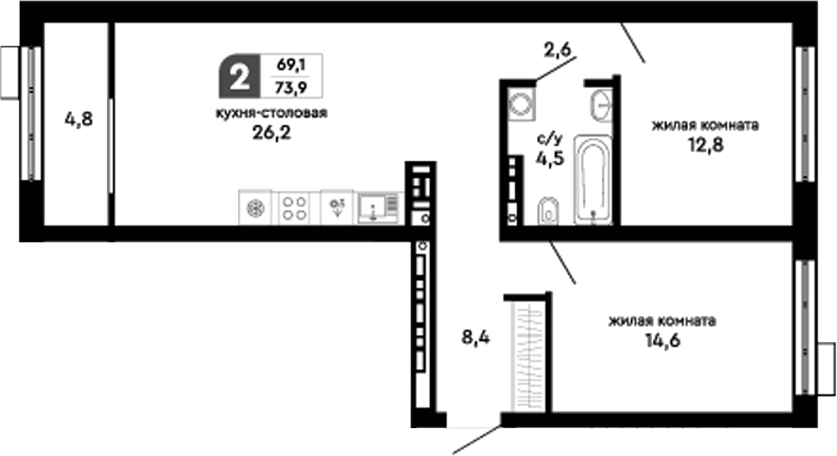 Планировка — Парковый, 2-комн., 69 м²