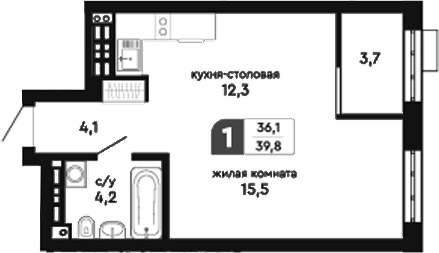 Планировка — Парковый, Студия, 36 м²