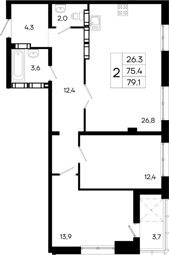 Планировка — Моне, 2-комн., 75 м²