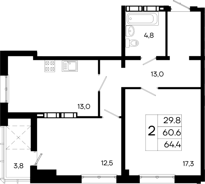 Планировка — Моне, 2-комн., 61 м²