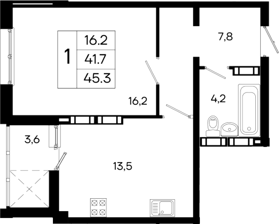 Планировка — Моне, 1-комн., 42 м²