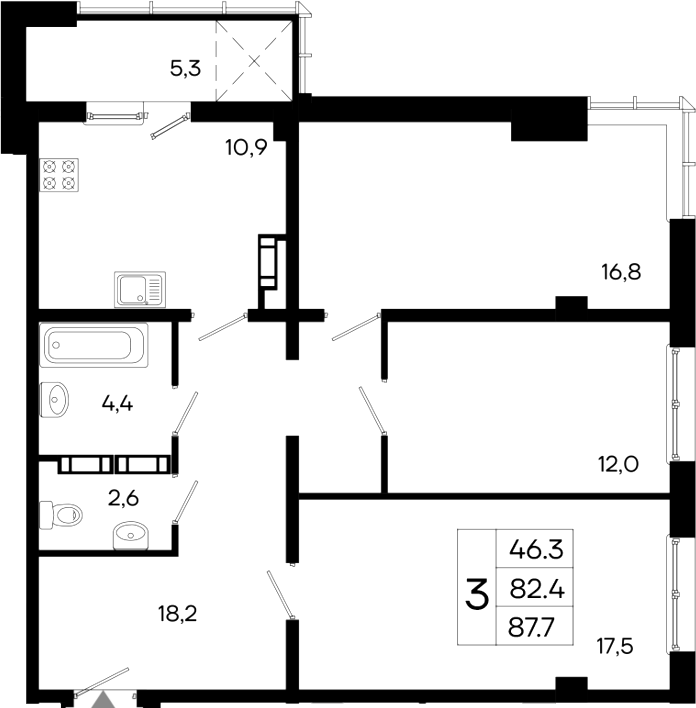 Планировка — Моне, 3-комн., 82 м²