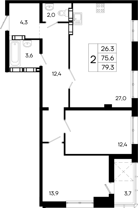 Планировка — Моне, 2-комн., 76 м²