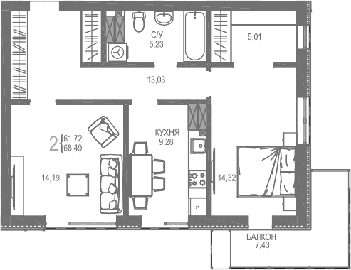 Планировка — Бакунинский, 2-комн., 61 м²