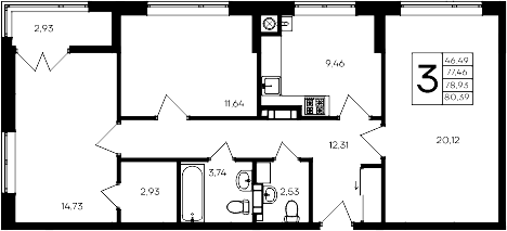 Планировка — Сезоны, 3-комн., 77 м²