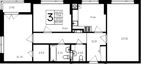 Планировка — Сезоны, 3-комн., 77 м²