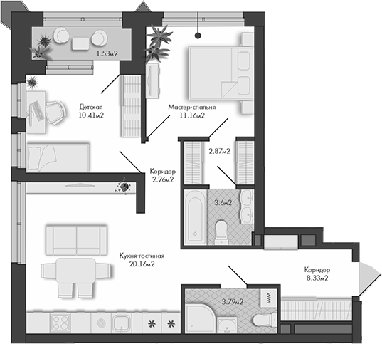 Планировка — Маяковка, 2-комн., 62 м²
