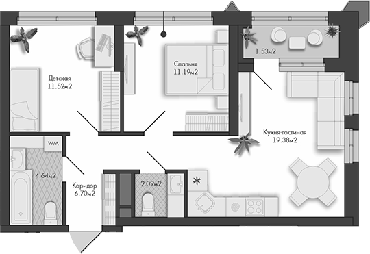 Планировка — Маяковка, 2-комн., 56 м²