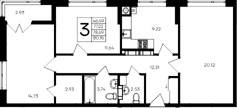 Планировка — Сезоны, 3-комн., 77 м²